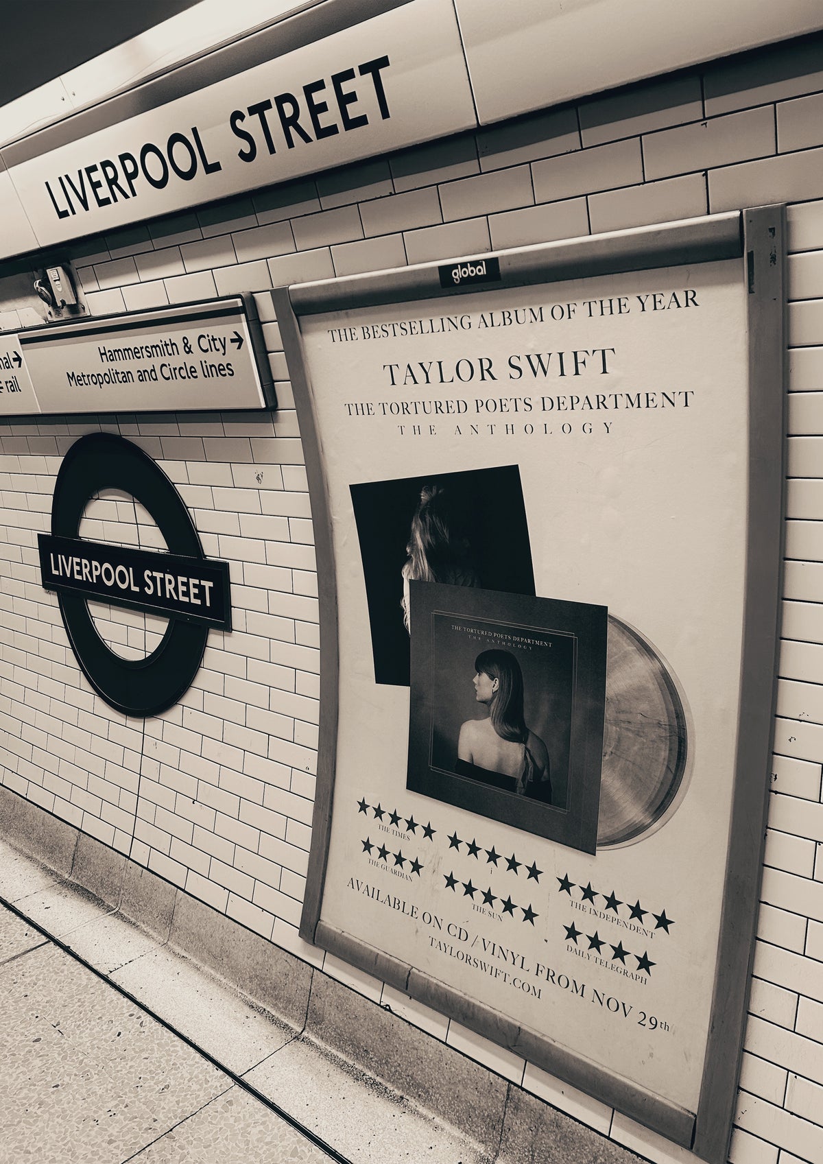 Taylor Swift - The Tortured Poets Department Poster @ Liverpool Street Tube Platform - Print